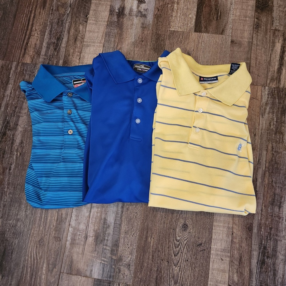 Lot of 3 Mens XXL Polos Grand Slam Chaps Golf Blue Yellow Striped Performance